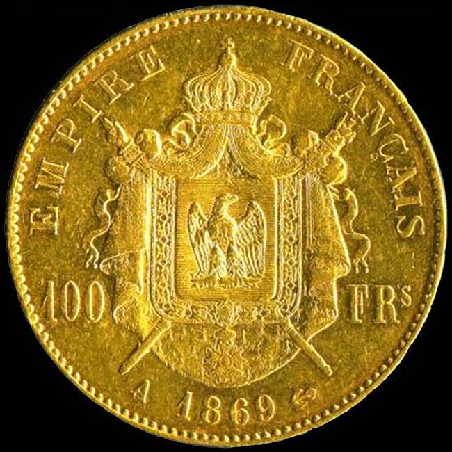 Pice de 100 Francs franais en or type Napolon III tte laure revers