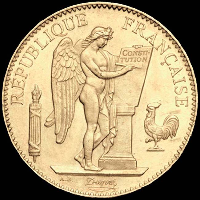 Pice de 100 Francs franais type Gnie de la Troisime Rpublique en or avers