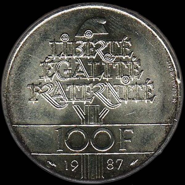 Pice 100 Francs franais 1987 argent galit revers