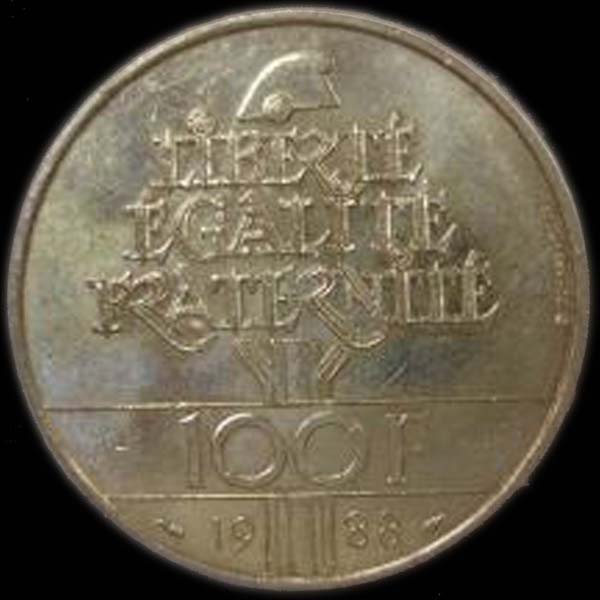 Pice 100 Francs franais 1988 argent Fraternit revers