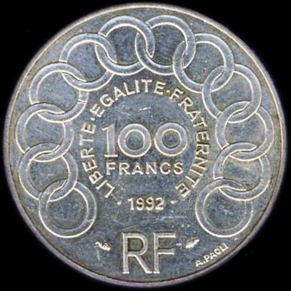 Pice 100 Francs franais 1992 argent Jean Monnet revers