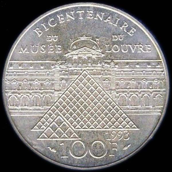 Pice 100 Francs franais 1990 argent Muse du Louvre revers