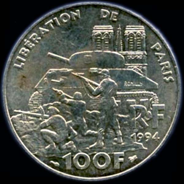 Pice 100 Francs franais 1994 argent Libration de Paris revers