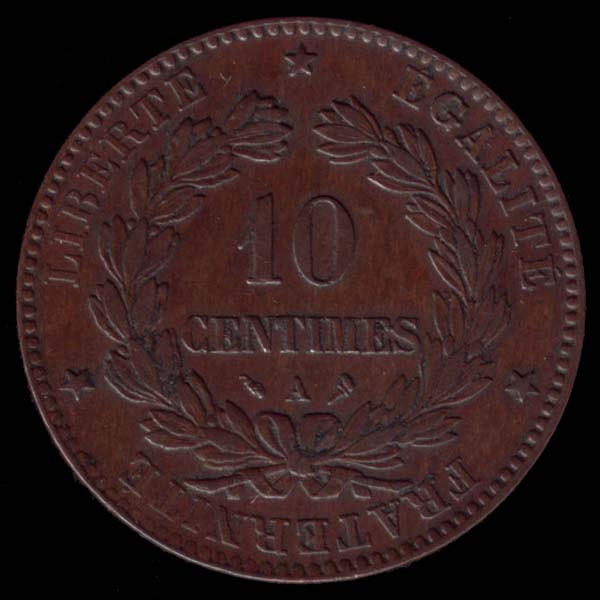 Pice de 10 Centimes de Franc franais type Crs en bronze revers