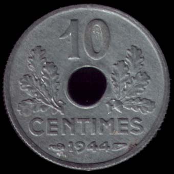 Pice de 10 Centimes franais en zinc type tat Franais petit module revers
