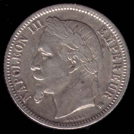 Pice de 1 Franc franais en argent type Napolon III tte laure avers