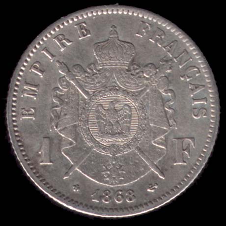 Pice de 1 Franc franais en argent type Napolon III tte laure revers