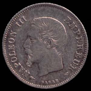 Pice de 20 Centimes franais en argent type Napolon III tte nue avers
