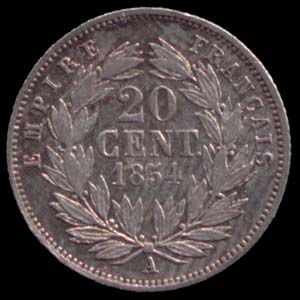 Pice de 20 Centimes franais en argent type Napolon III tte nue revers