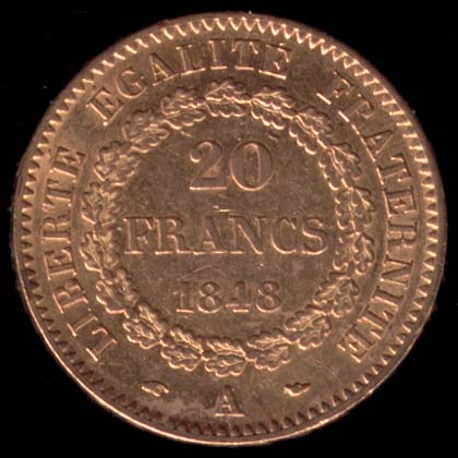 Pice de 20 Francs franais type Gnie de la Deuxime Rpublique en or revers