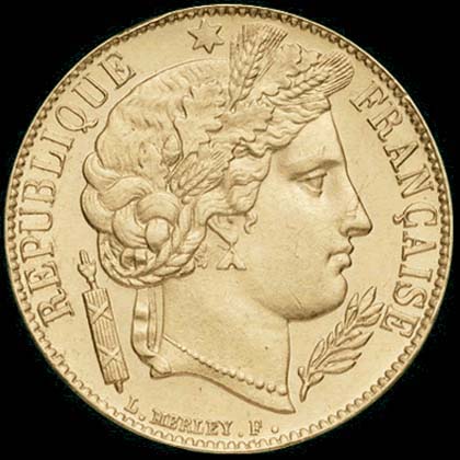 Pice de 20 Francs franais type Crs en or avers