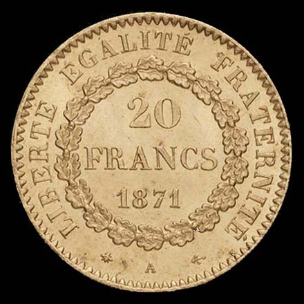 Pice de 20 Francs franais type Gnie de la Troisime Rpublique en or revers