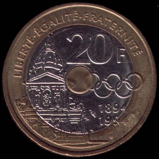 Pice de 20 Francs franais type Pierre de Coubertin revers