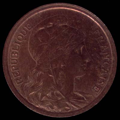 Pice de 2 Centimes de Franc franais type Dupuis en bronze avers