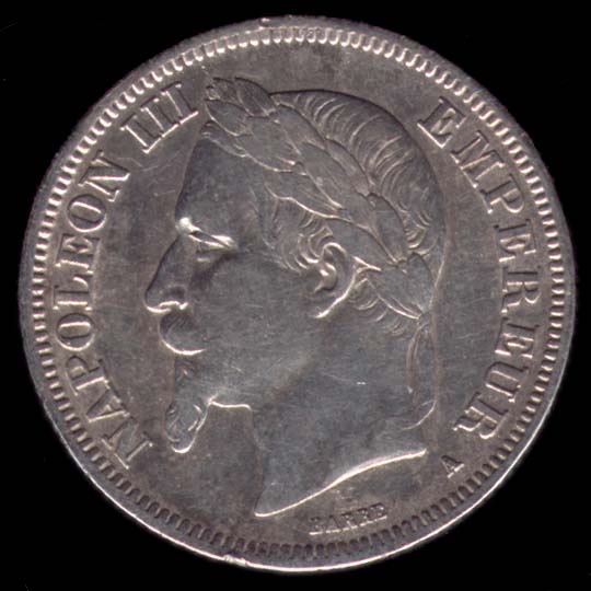 Pice de 2 Francs franais en argent type Napolon III tte laure avers