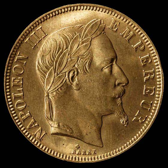 Pice de 50 Francs franais en or type Napolon III tte laure avers