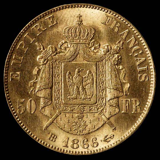 Pice de 50 Francs franais en or type Napolon III tte laure revers