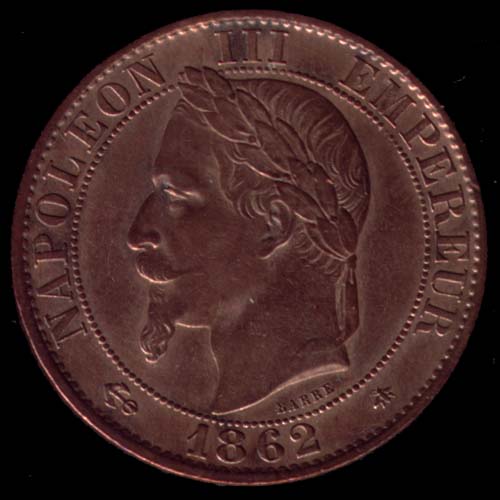 Pice de 5 Centimes franais en bronze type Napolon III tte laure avers