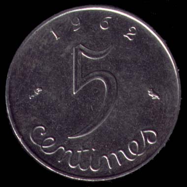 Pice de 5 Centimes franais en acier inoxydable type pi revers