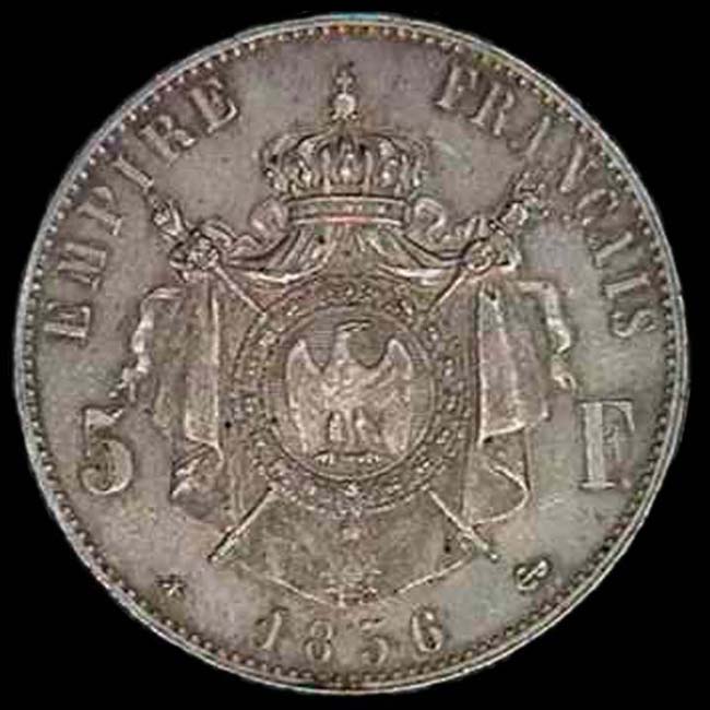 Pice de 5 Francs franais en argent type Napolon III tte nue revers