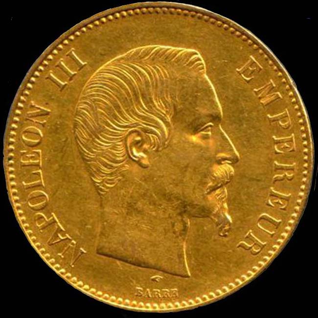 Pièce de 100 Francs français en or type Napoléon III tête nue avers