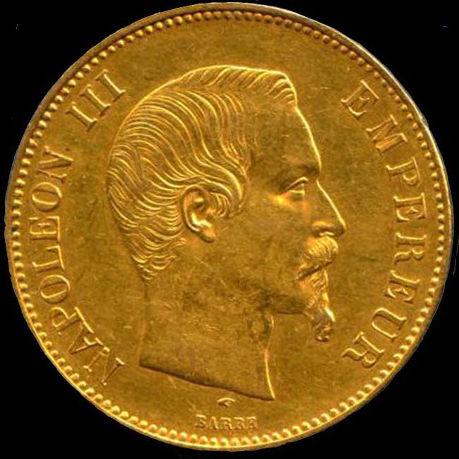 Pice de 100 Francs franais en or type Napolon III tte nue avers