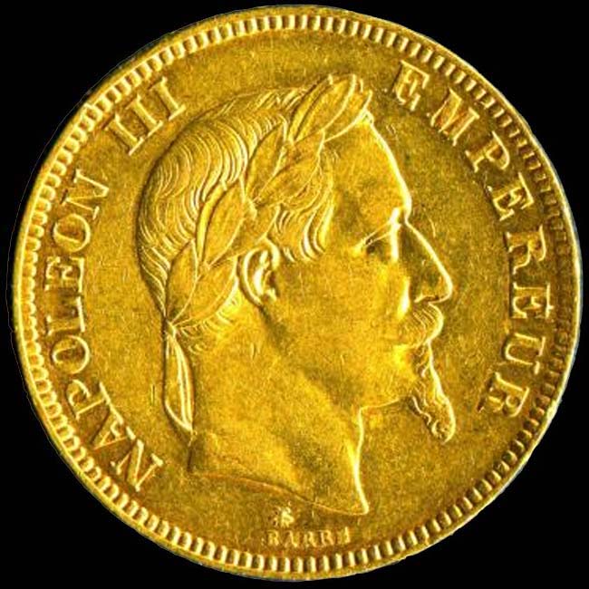 Pièce de 100 Francs français en or type Napoléon III tête laurée avers