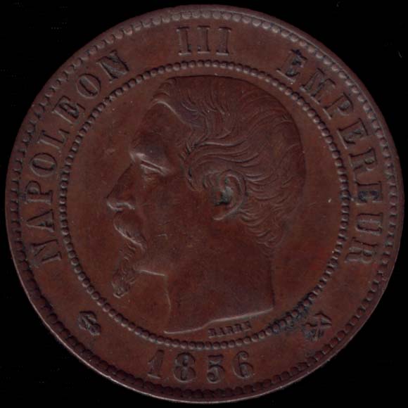 Pièce de 10 Centimes français en bronze type Napoléon III tête nue avers