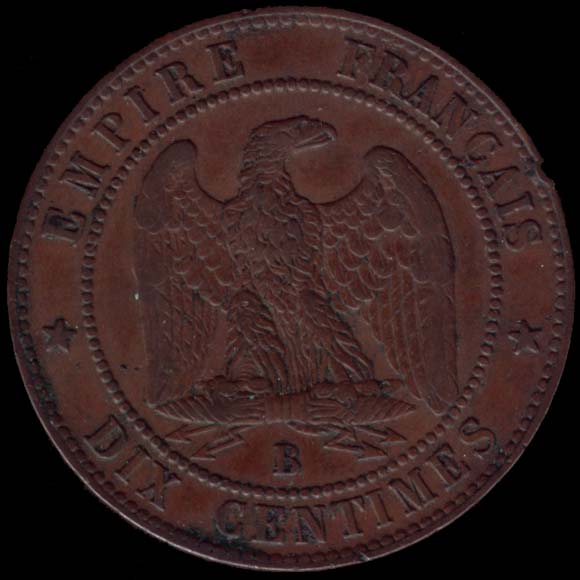 Pièce de 10 Centimes français en bronze type Napoléon III tête nue revers