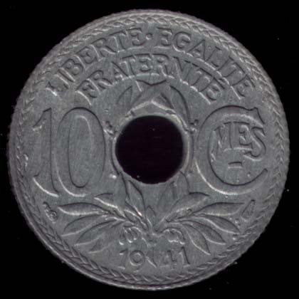 Pice de 10 Centimes franais type Lindauer en zinc grand module revers