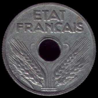 Pièce de 10 Centimes français en zinc type État Français petit module avers