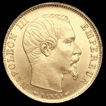 Pièce de 10 Francs français en or type Napoléon III tête nue petit module avers