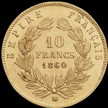 Pièce de 10 Francs français en or type Napoléon III tête nue grand module revers