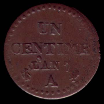 Pièce de 1 Centime de Franc français type Dupré calendrier révolutionnaire en bronze revers