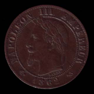 Pièce de 1 Centime français en bronze type Napoléon III tête laurée avers