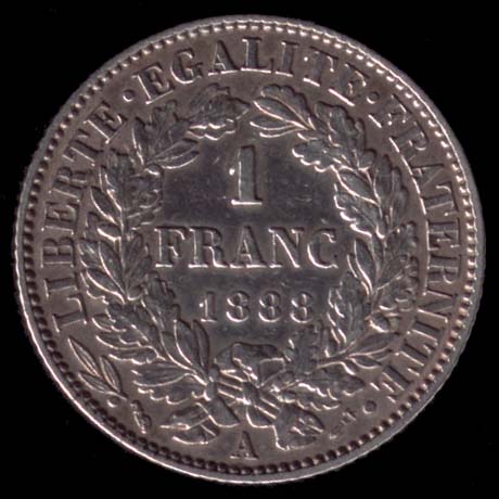 Pièce de 1 Franc français type Cérès en argent revers