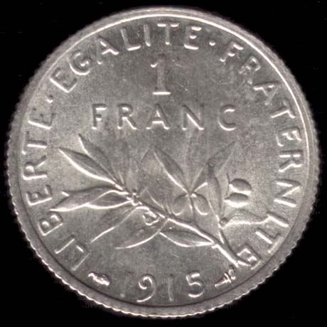 Pièce de 1 Franc français type Semeuse en argent revers