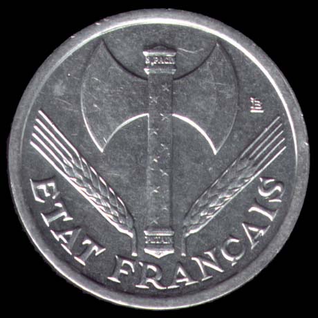 Pièce de 1 Franc français type Francisque léger de l'État Français en Aluminium avers