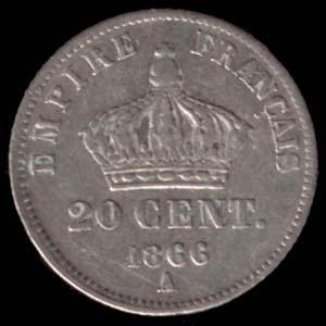 Pièce de 20 Centimes français en argent type Napoléon III tête laurée petit module revers