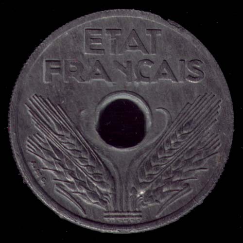 Pièce de 20 Centimes français en zinc type État Français Vingt Centimes avers