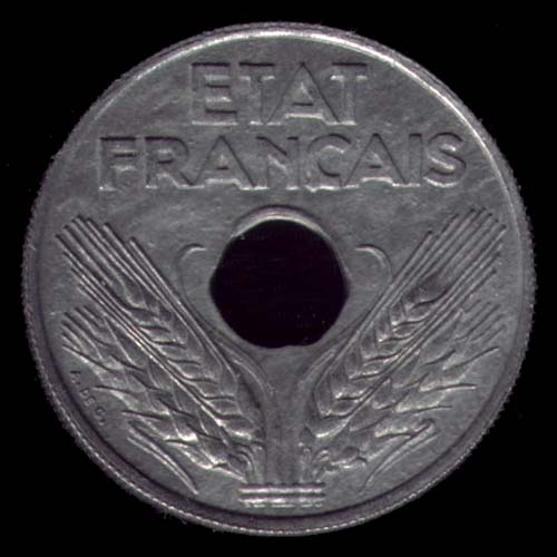 Pièce de 20 Centimes français en zinc type État Français avers
