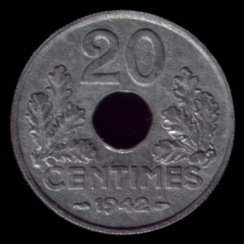 Pièce de 20 Centimes français en zinc type État Français revers