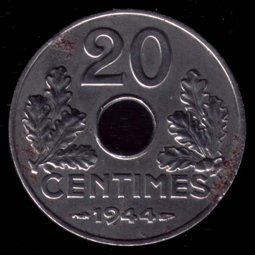 Pice de 20 Centimes franais en fer type tat Franais revers