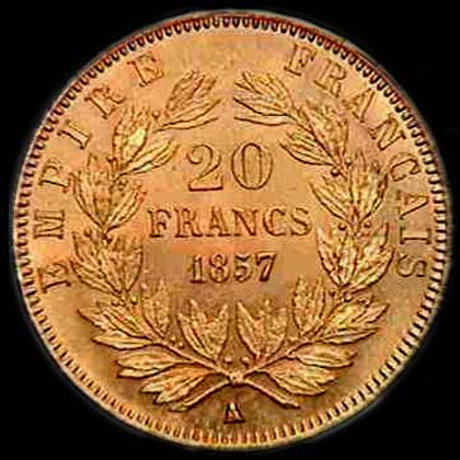 Pièce de 20 Francs français en or type Napoléon III tête nue revers