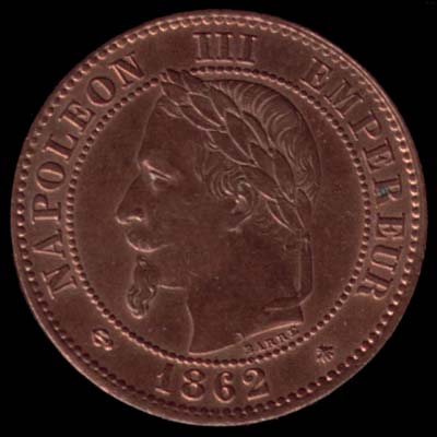 Pièce de 2 Centimes français en bronze type Napoléon III tête laurée avers