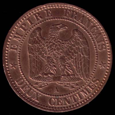 Pièce de 2 Centimes français en bronze type Napoléon III tête laurée revers