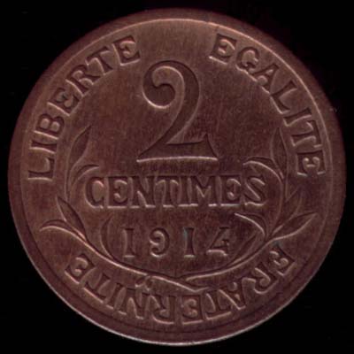 Pièce de 2 Centimes de Franc français type Dupuis en bronze revers