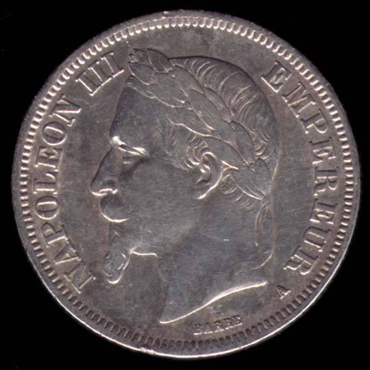 Pièce de 2 Francs français en argent type Napoléon III tête laurée avers