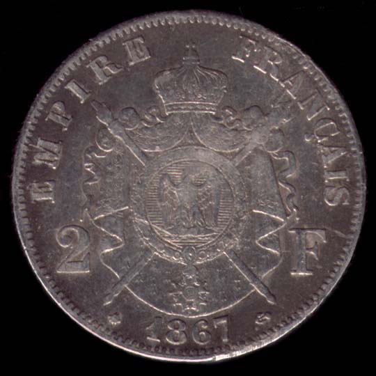 Pièce de 2 Francs français en argent type Napoléon III tête laurée revers