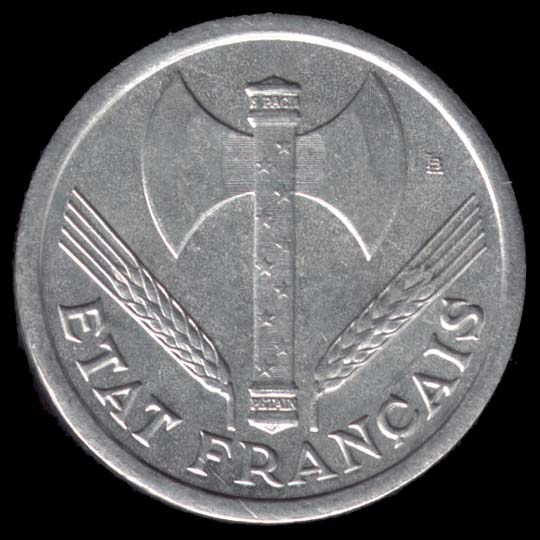 Pièce de 2 Francs français type Francisque de l'État Français en Fer avers
